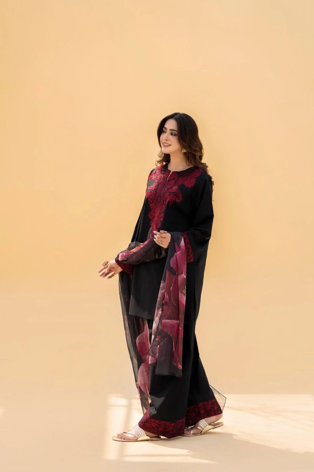 SF-394 Embroidered Black linen Three Piece Dress